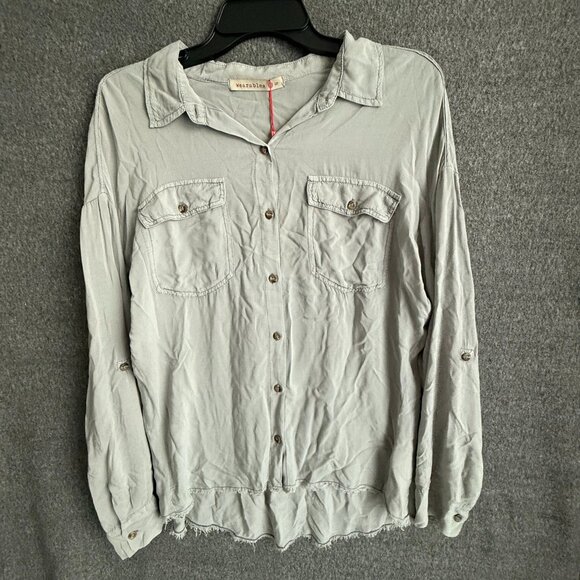 Wearables NWT Rayon Top Shirt Gray Womens Button-Down Blouse Size S - Picture 1 of 9